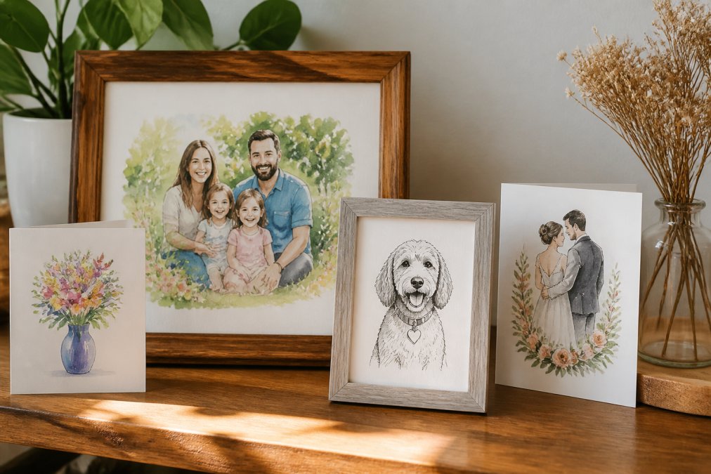 A collection of custom illustrated items displayed together on a wooden shelf: a framed watercolor family portrait, a line art pet illustration, and a hand-painted anniversary piece with soft natural light illuminating the artworks
