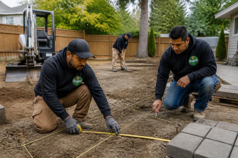 Contractor team measuring and marking out a backyard site for patio installation, with excavation equipment and grading tools visible in the background