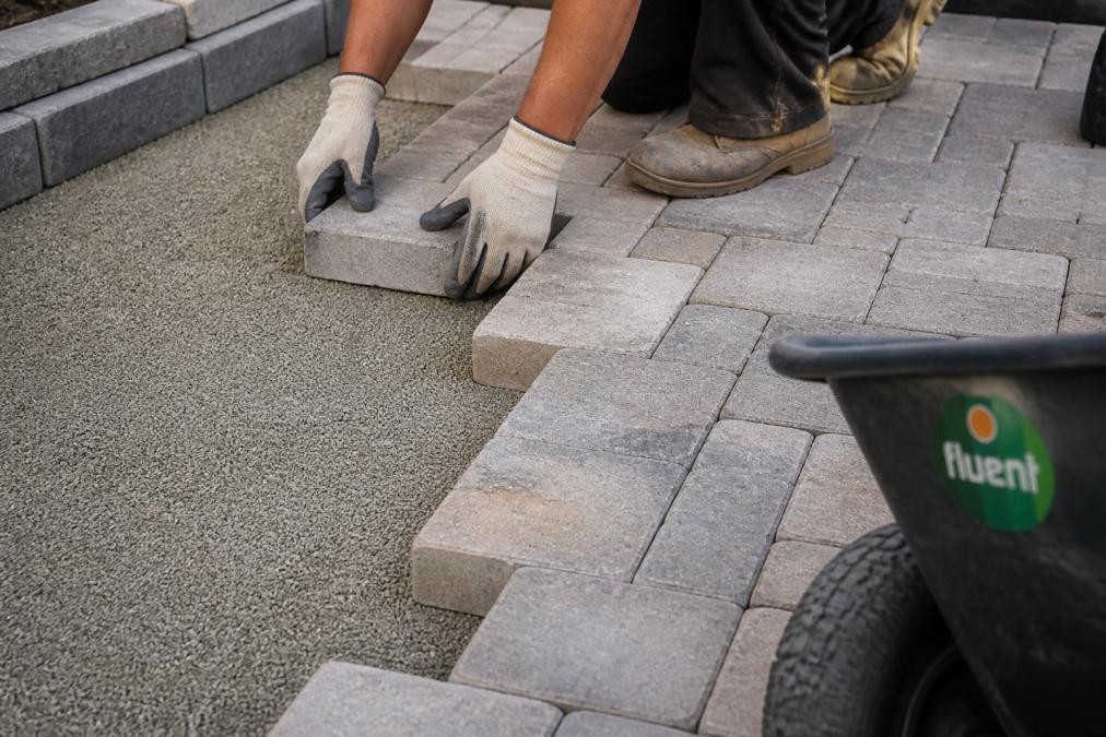Close-up of concrete pavers being laid on a prepared base aggregate foundation, showing the precision and workmanship involved in professional installation