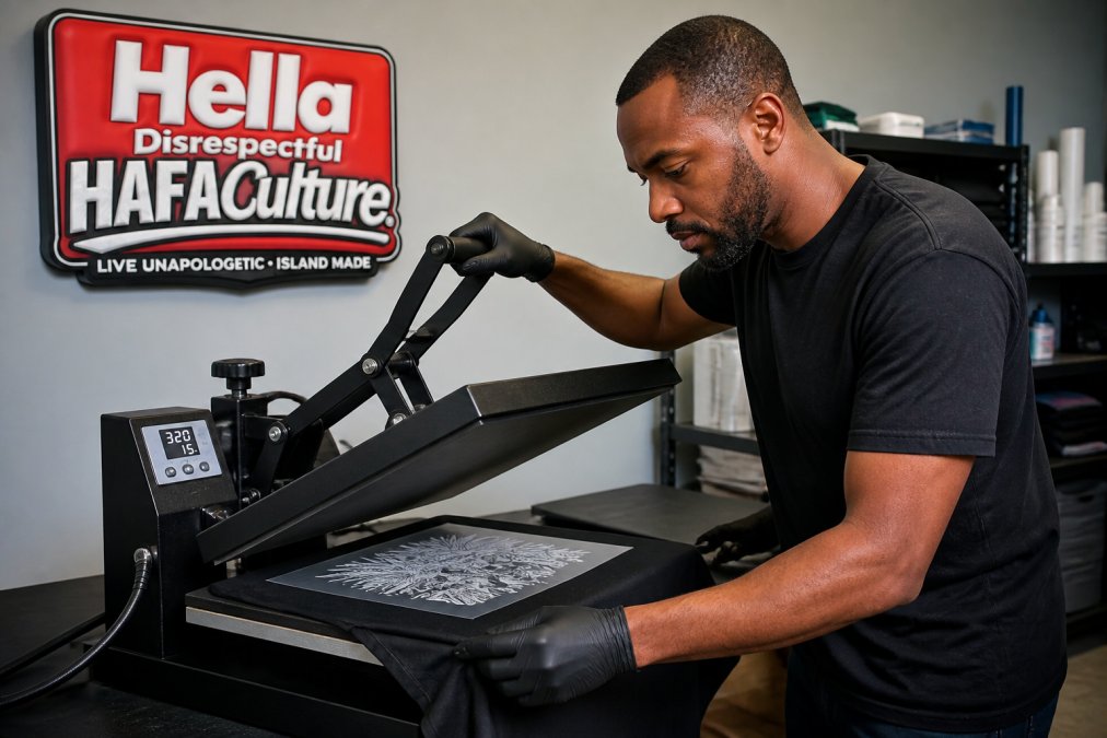 Professional demonstrating custom heat transfer application to black t-shirt using heat press with proper pressure alignment and temperature display visible