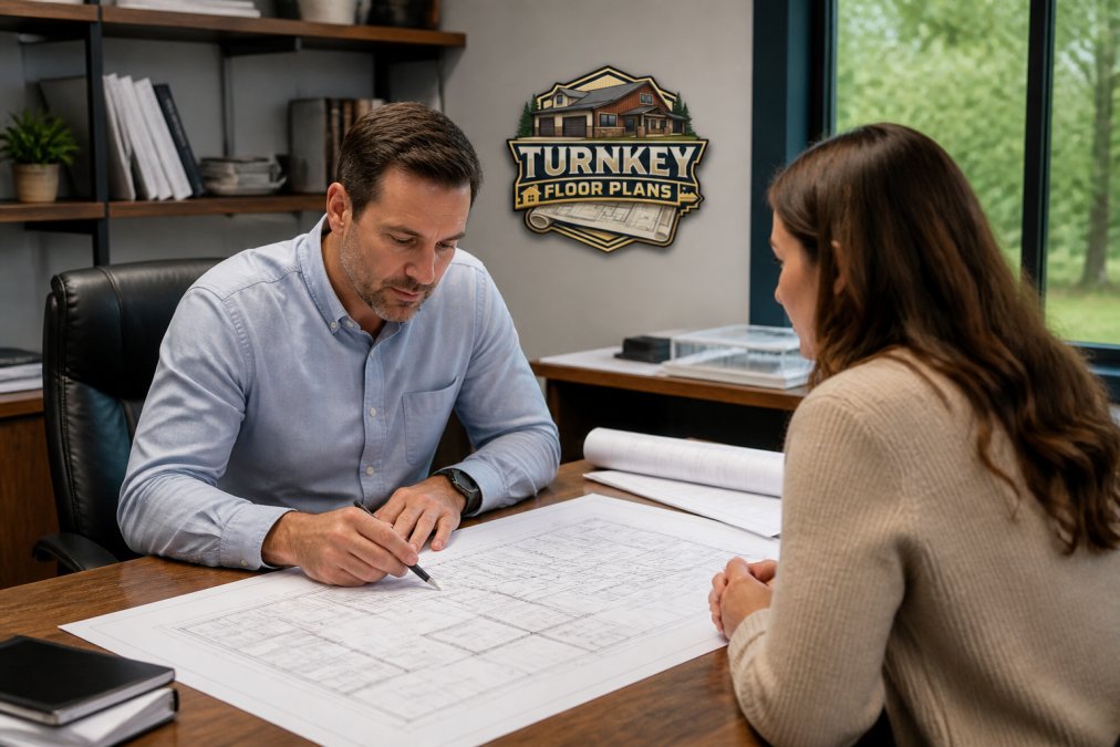 Professional architect reviewing custom home blueprints and construction documents at a modern desk with a client seated across, discussing detailed design plans