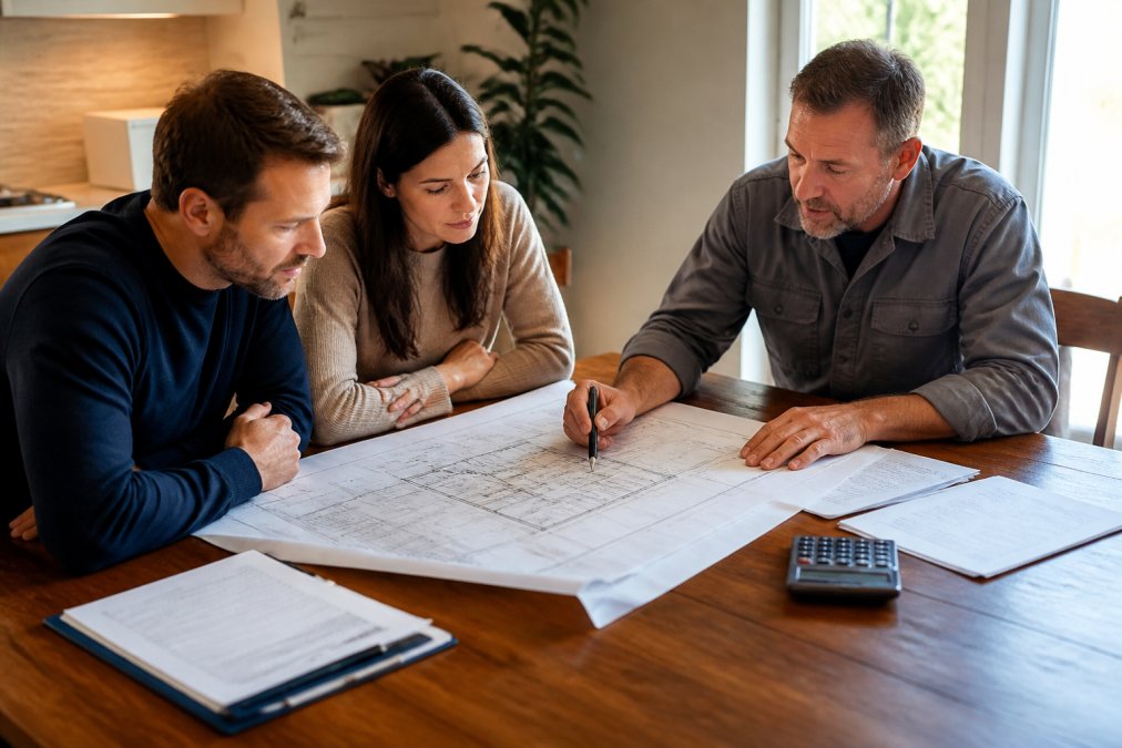 A couple reviewing architectural blueprints with their contractor at a bright table, with a laptop showing a budget spreadsheet