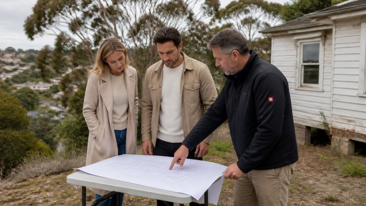 A builder and a couple standing on a sloping suburban block, pointing at architectural drawings laid on a portable table, with an older weatherboard house next door and mature gum trees behind