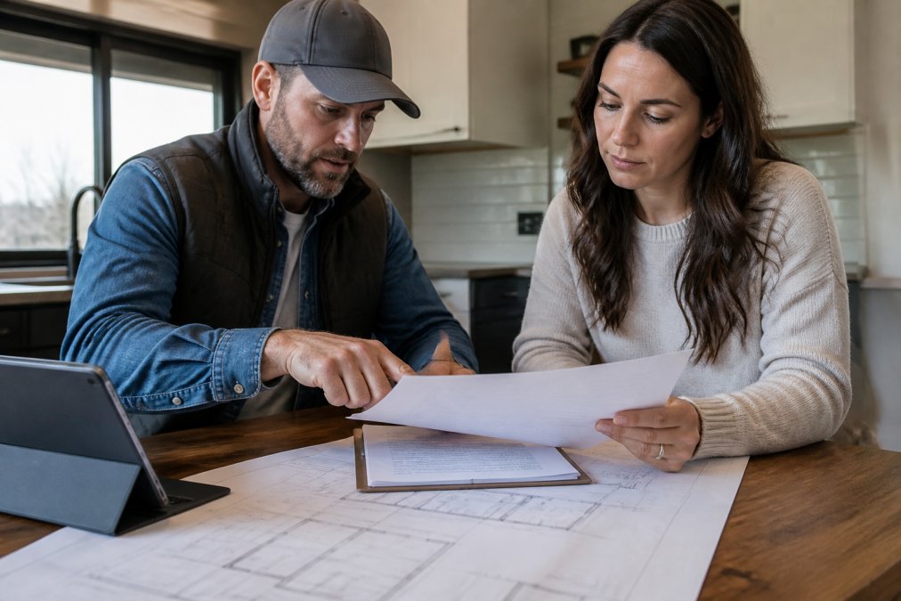 Professional general contractor and homeowner reviewing construction contract documents and budget breakdown at table with blueprints and tablet showing cost estimates