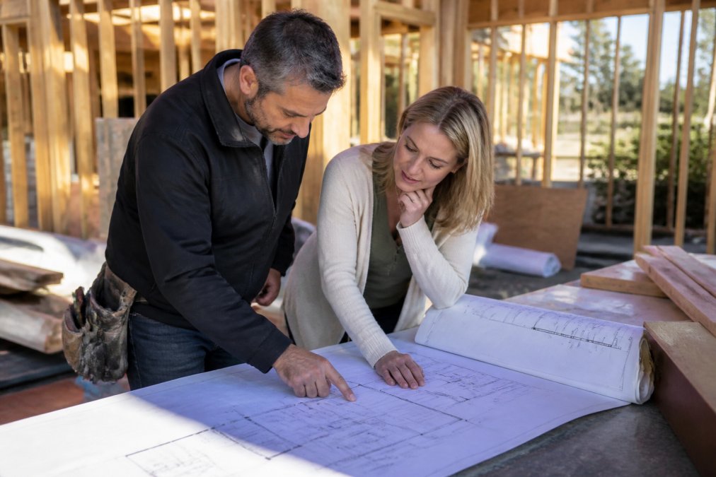 General contractor and client reviewing architectural blueprints and floor plans together on a job site with construction materials and framing visible in the background, natural daylight illuminating the documents