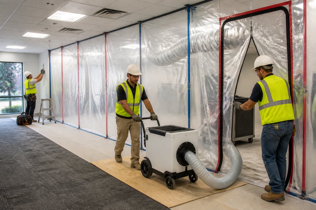 Construction team working carefully in a commercial space with protective plastic barriers and dust containment systems, showing organized job site management with minimal disruption to surrounding areas, professional setup with clearly marked work zones
