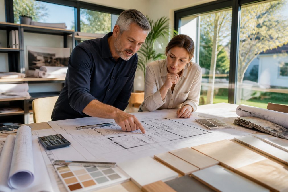 Homeowner and professional builder reviewing detailed architectural floor plans and cost estimates at a modern design office with natural sunlight streaming through large windows