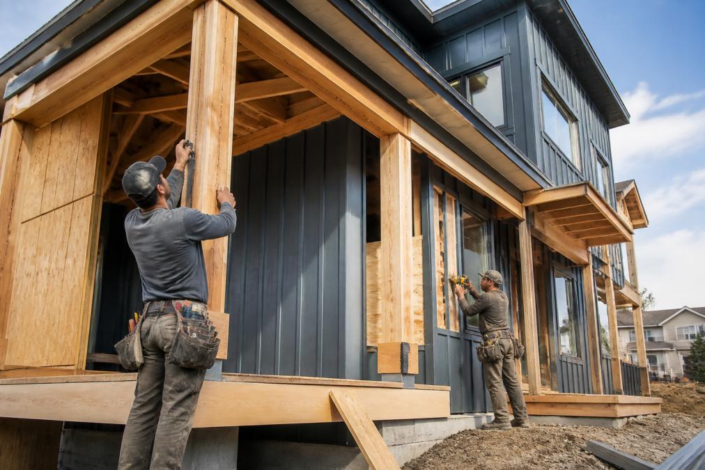 Skilled construction crew working on custom home exterior framing and finishing details, demonstrating precision craftsmanship with natural daylight illuminating the worksite