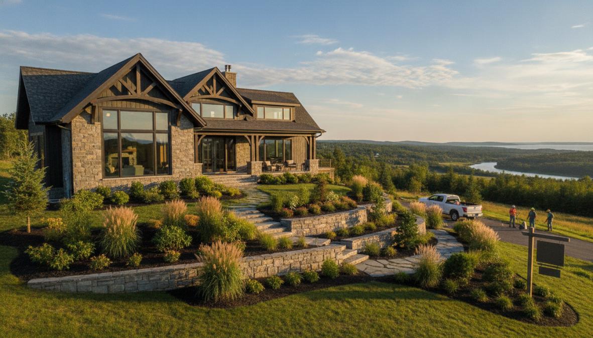 Modern custom home exterior in Pictou County with professional landscaping, natural stone accents, and contemporary design photographed in golden hour light