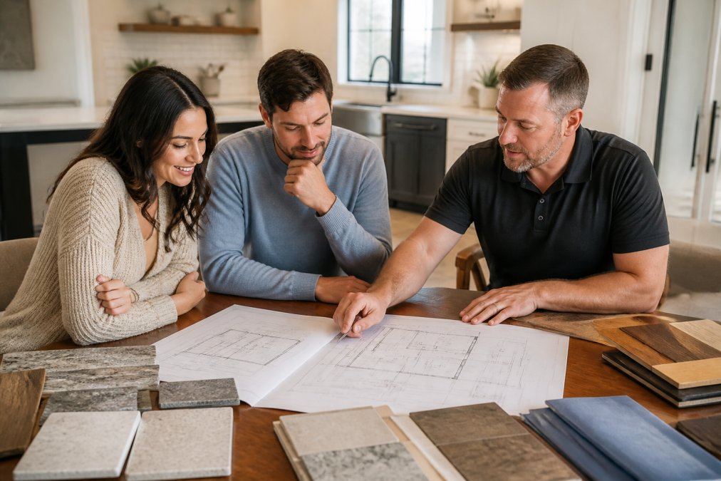 A couple reviewing architectural blueprints with a contractor at a kitchen table, flooring and tile samples spread nearby in a bright home office
