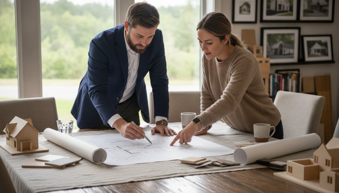 Professional consultant and homeowner reviewing architectural blueprints and site plans together at a table, with homeowner pointing to design details while consultant takes notes
