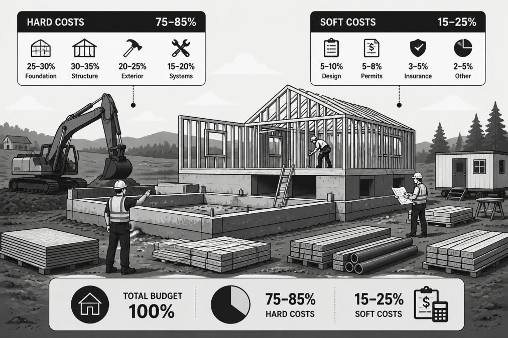 Active construction site in rural Pictou County showing concrete foundation work, wooden framing structure, and building materials stacked on-site with workers in hard hats directing equipment