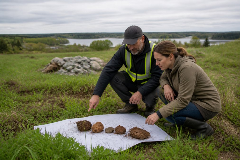 Professional surveyor and property owner reviewing site plans and soil samples on rural Pictou County land, with visible property boundaries, varied soil conditions, and surrounding landscape