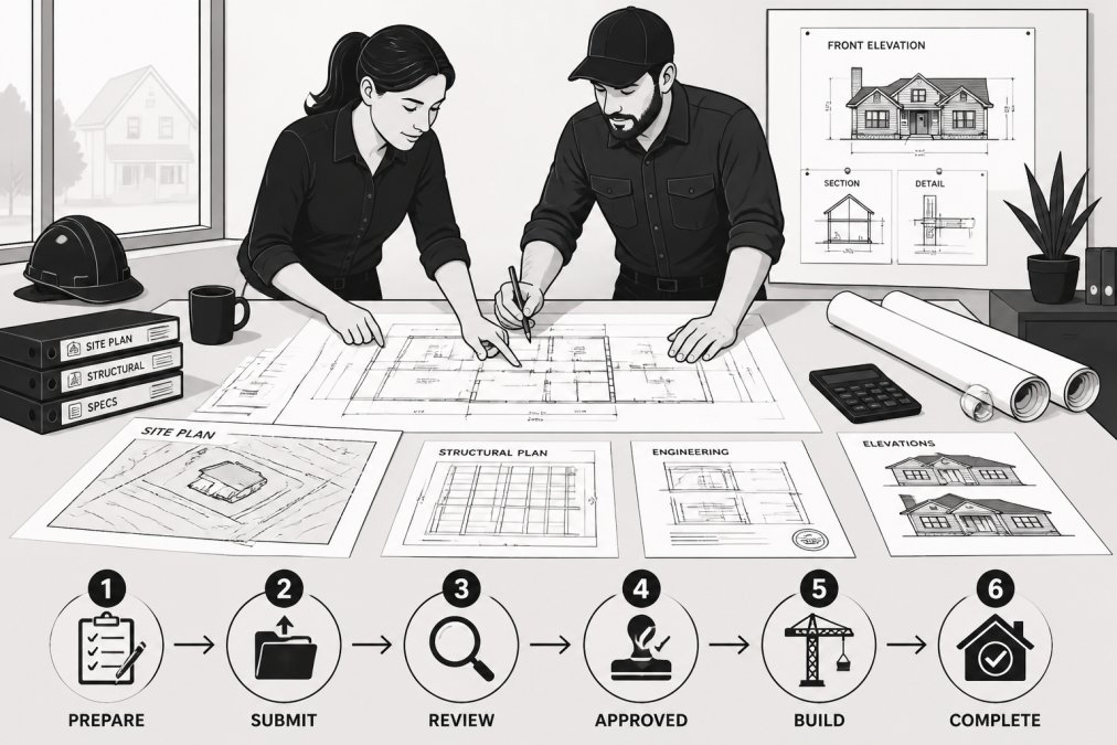 Homeowner and professional contractor reviewing detailed architectural blueprints and construction drawings spread across a large table, with site plans and engineering documents visible in natural office lighting