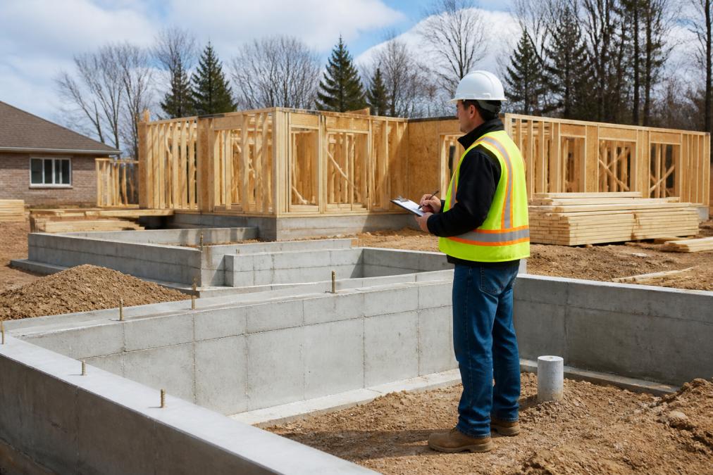 Building inspector in safety vest and hard hat examining structural framing and foundation work on an active residential construction site, with wooden framing and building materials visible in natural daylight
