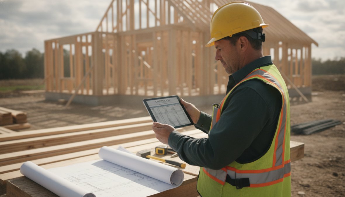A small construction company owner reviewing project dashboard on a desktop computer in a modest office with construction photos on the walls
