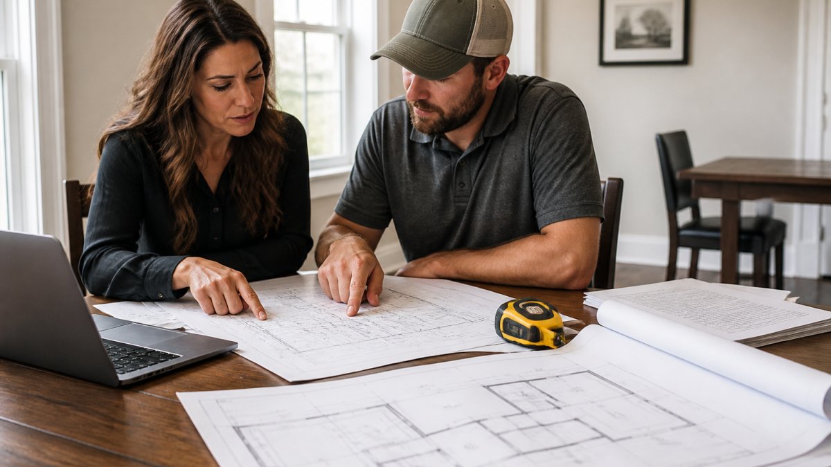 Professional homeowner and contractor reviewing architectural plans and site blueprints together at a table with a laptop, measuring tape, and floor plan documents in bright office setting
