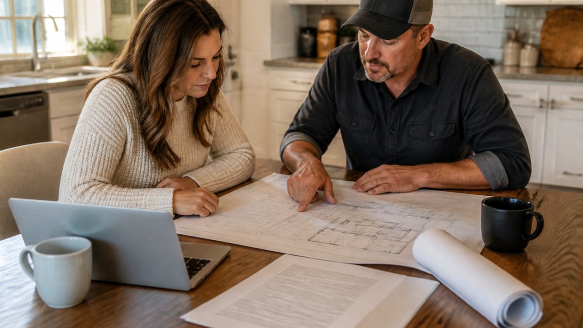 A homeowner and a general contractor reviewing blueprints and a contract spread across a kitchen table, laptop open, coffee mugs nearby, soft morning light through a window