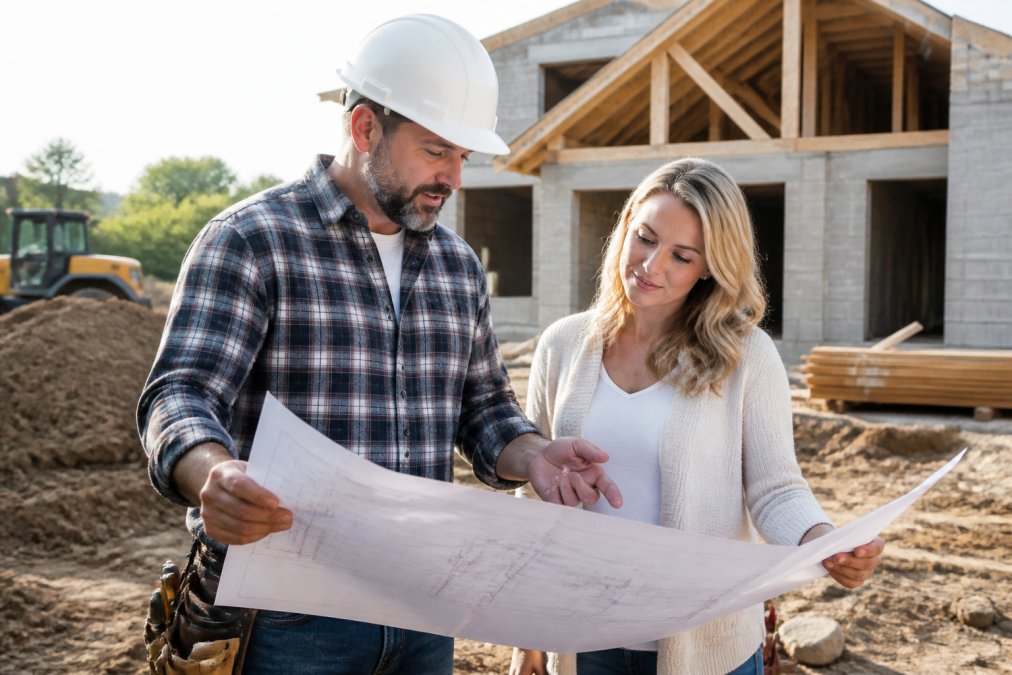A professional project manager in a hard hat reviewing architectural blueprints with a homeowner on a residential construction site, natural daylight