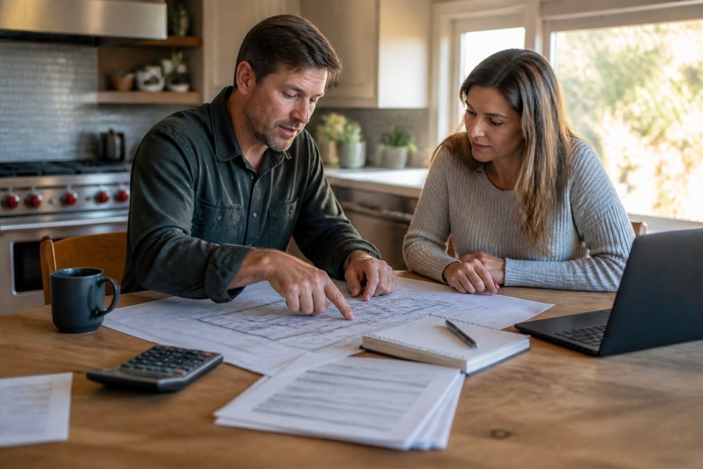 Flowchart detailing the custom home cost calculation process with contractor and homeowner reviewing estimates