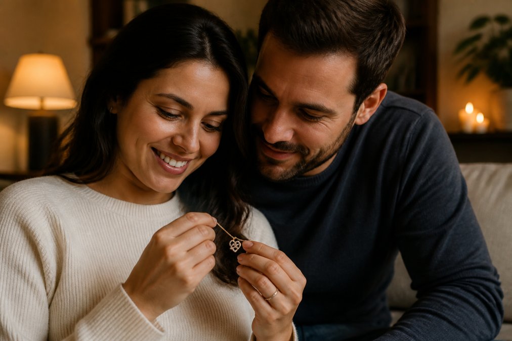 Couple admiring personalized necklace together in warm home lighting, genuine emotion visible as they examine the pendant close-up