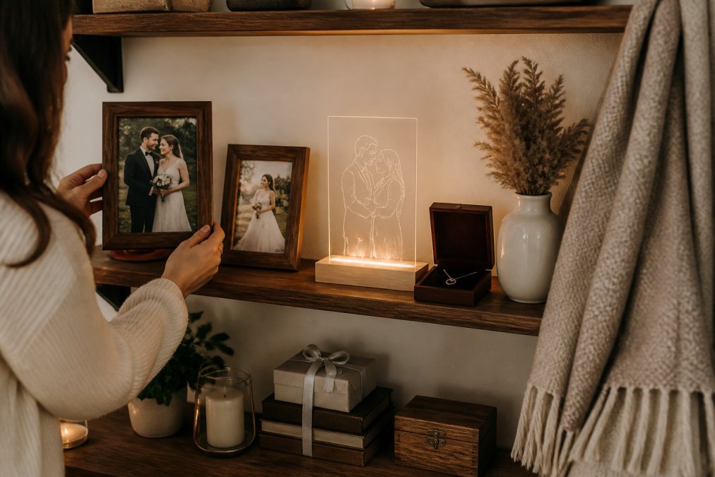 Styled shelf and wall display featuring custom anniversary keepsakes, framed wedding photos, personalized acrylic piece with LED lighting, and heirloom blanket draped nearby, warm home lighting creating inviting ambiance
