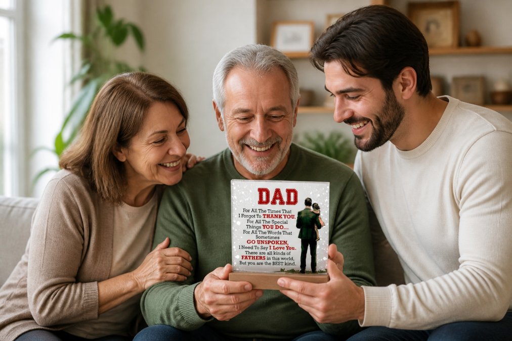 An adult child presenting a custom acrylic plaque with parents' wedding date and names to their parents in a warm, well-lit living room, all three smiling as they examine the piece together
