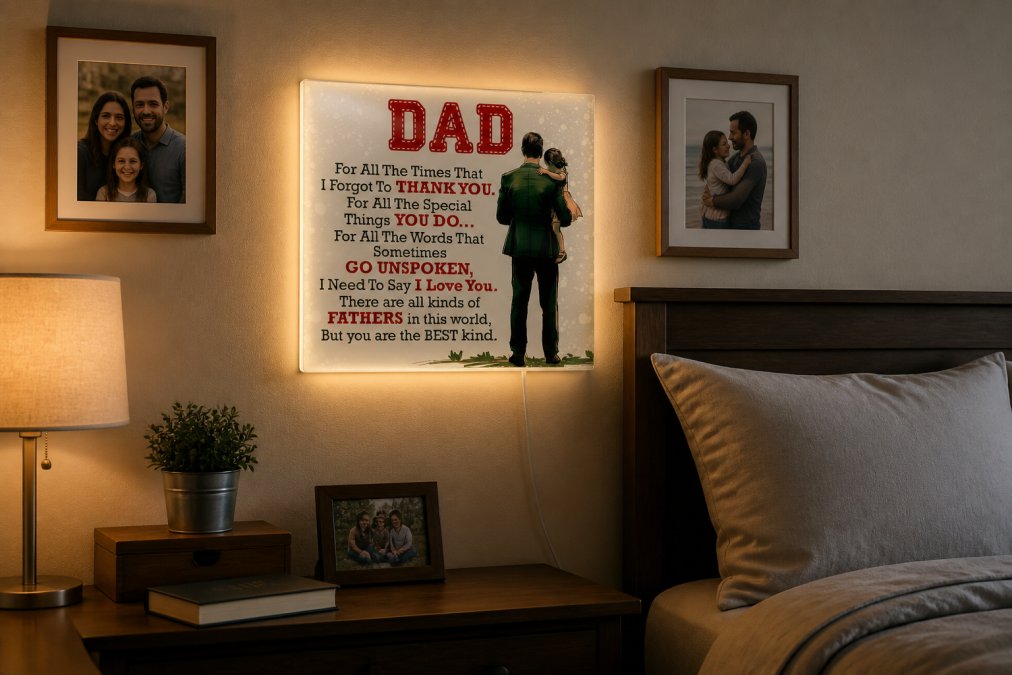 A personalized acrylic plaque displaying a heartfelt message and family photo mounted at eye level on a bedroom wall, with warm LED lighting creating a soft glow around the piece in the evening, flanked by family photos in complementary frames