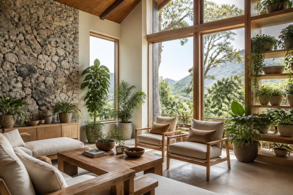 Bright, airy living room with abundant potted plants on wooden shelving, large windows revealing natural landscape, stone accent wall with raw texture, and warm natural wood furniture creating a serene, nature-connected atmosphere