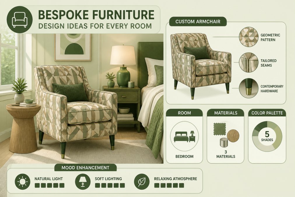 Custom upholstered armchair with personalized geometric fabric pattern in warm neutrals, featuring contemporary hardware and tailored seams, positioned in a sunlit bedroom corner with natural wood side table and soft mood-enhancing lighting