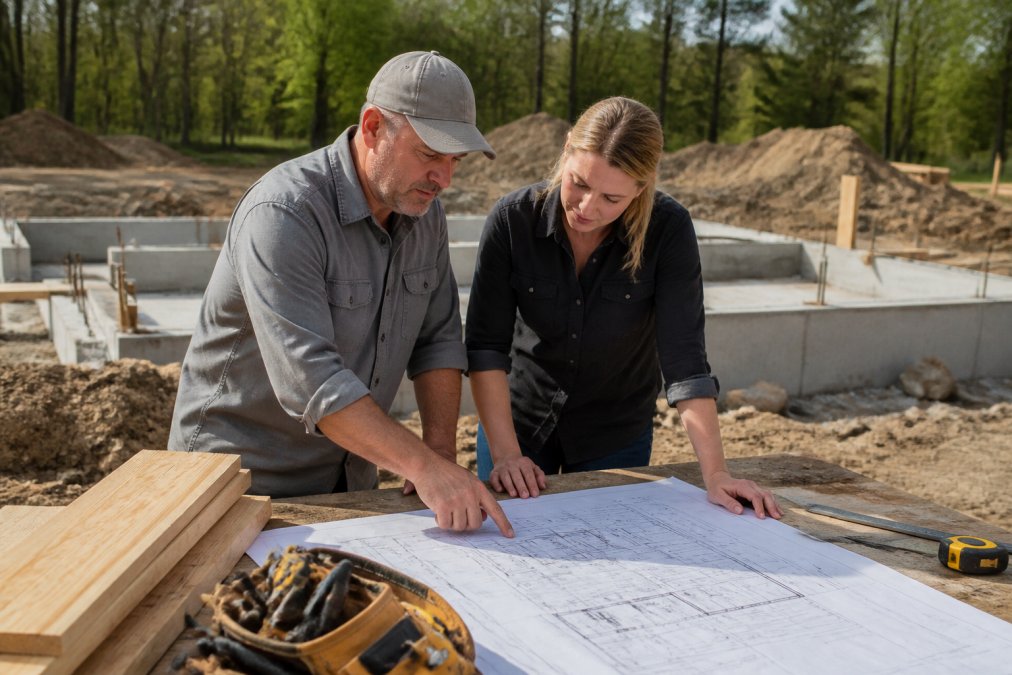 Professional general contractor and homeowner reviewing architectural blueprints and floor plans at a construction site, with foundation work visible in the background, natural daylight illuminating the plans