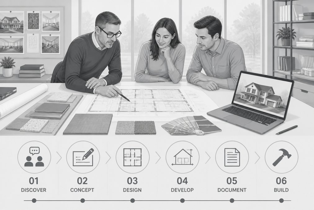 Infographic of the custom home design process showing an architect and homeowners reviewing plans and 3D models.
