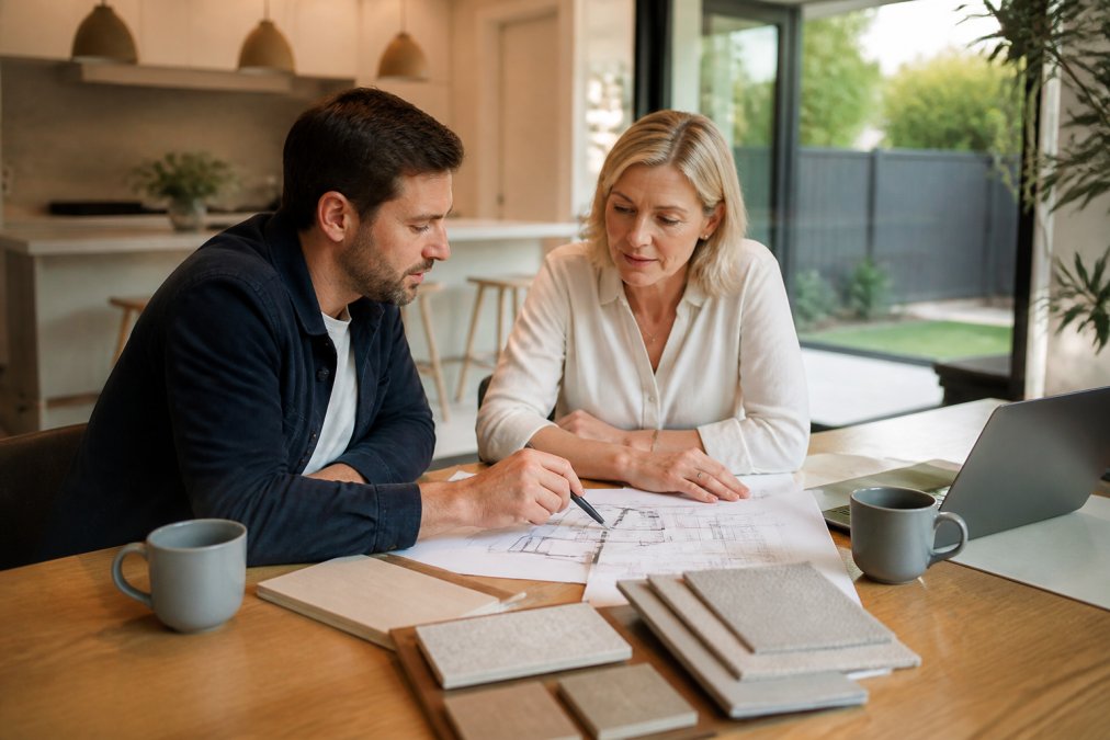 Homeowner and architect reviewing floor plans during extension planning at a dining table