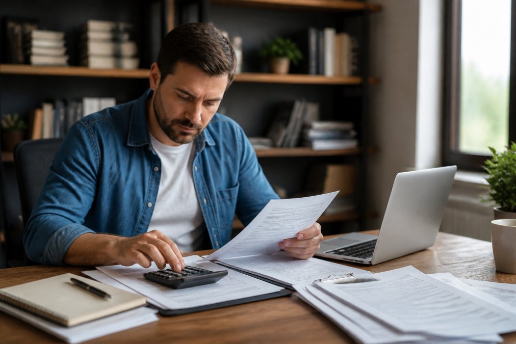 Self-employed professional reviewing tax documents at a desk to prepare for custom home financing self-employed needs