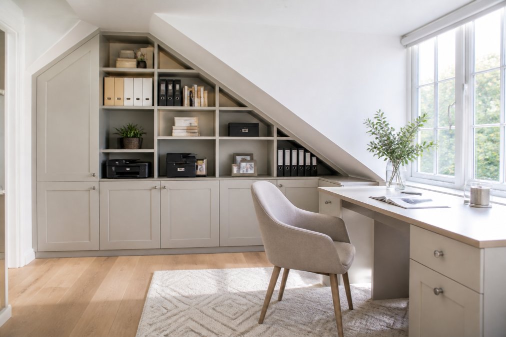 A bright home office with custom-fitted storage built into an alcove under a sloped ceiling, showing organised shelving and filing cabinets with a desk positioned to maximise natural light and workspace efficiency