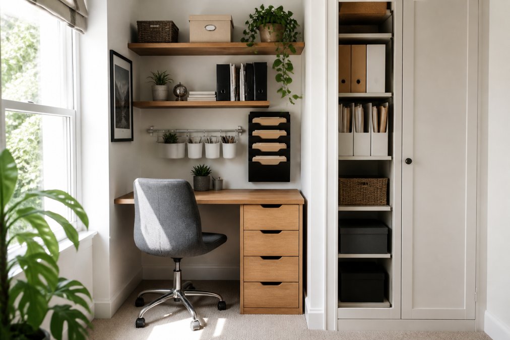 A compact home office with wall-mounted shelves, vertical filing storage, and drawer organizers on a small desk, demonstrating efficient use of limited floor space and natural light from a window