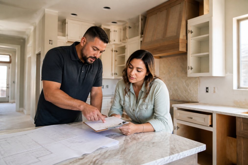 A general contractor and homeowner reviewing renovation blueprints and a cost estimate clipboard on a kitchen counter during a home remodel walkthrough