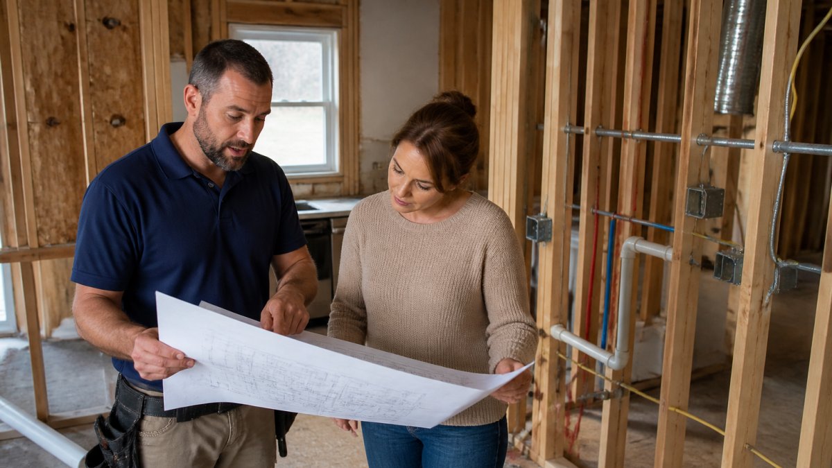 Contractor reviewing blueprints with homeowner to break down custom home renovation cost by project phase.