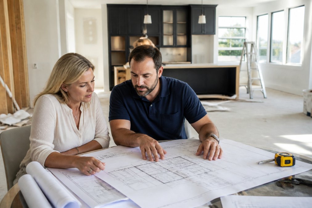 A homeowner and a project manager reviewing architectural blueprints together at a kitchen table in a partially renovated luxury home, natural daylight streaming through large windows