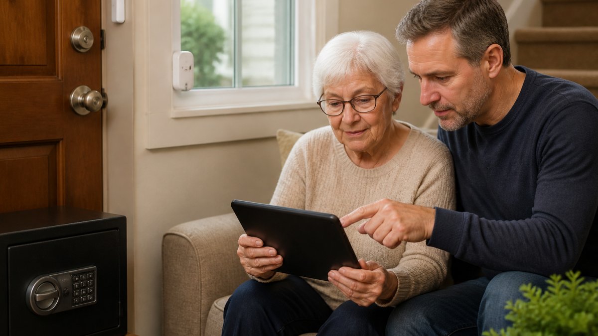 An older adult and their child reviewing a home security for seniors setup on a tablet in their living room