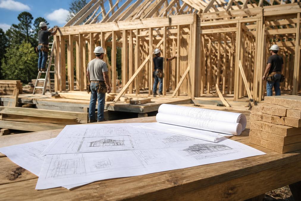 Professional construction site showing framing of custom home with architectural plans and blueprints visible on a wooden table in foreground, workers in background, natural daylight on partially completed structure