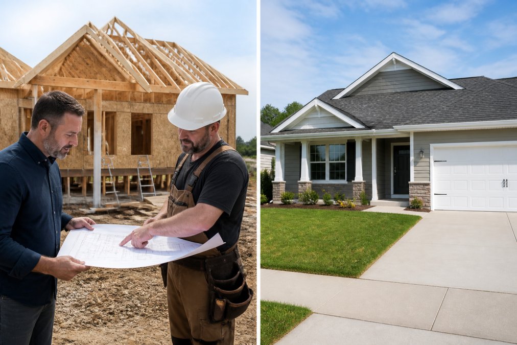Homeowner standing in front of a custom home under construction, reviewing architectural plans with a Red Seal certified contractor on the building site, pointing to design details with construction blueprints in hand