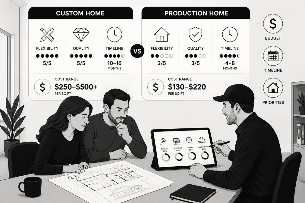 Couple reviewing construction documents and a tablet displaying real-time project tracking, sitting at a professional table with a contractor in a modern office setting, discussing building plans