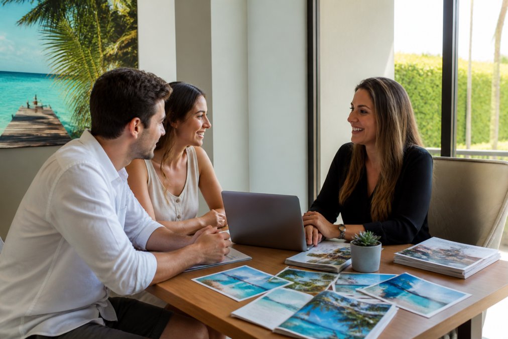 A couple sitting across from a smiling travel advisor at a desk covered with destination brochures, a laptop open between them, in a warm, well-lit office setting