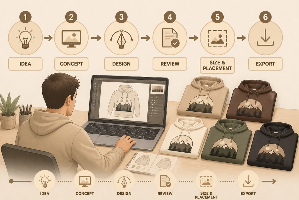 Designer working at laptop displaying custom hoodie design software, with printed hoodie samples in various colors arranged on the desk, showing the design preparation workflow