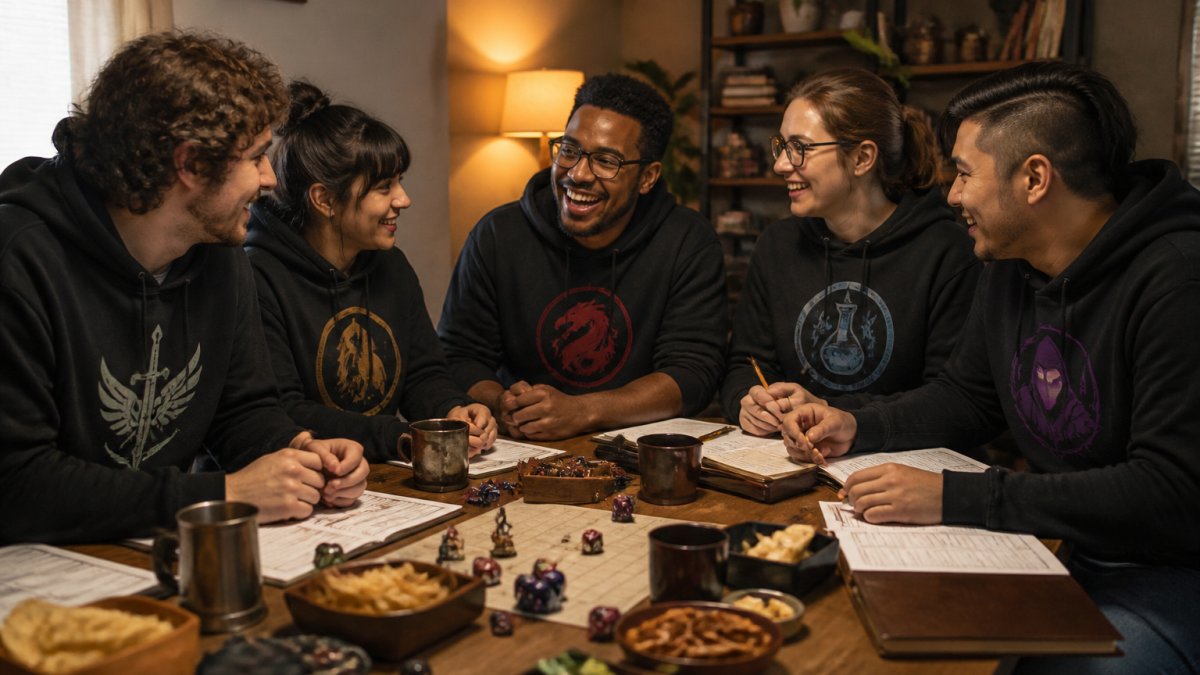 A group of friends around a table covered in dice, character sheets, and snacks, wearing matching dark hoodies with fantasy emblems on the chest, warm lamp light in a living room