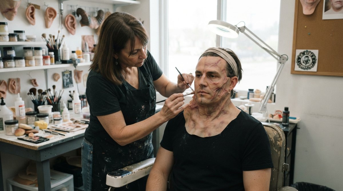 Professional makeup artist applying detailed silicone prosthetic appliances to actor's face with precision tools in well-lit studio setting, showing layered SFX construction and hand-painted details