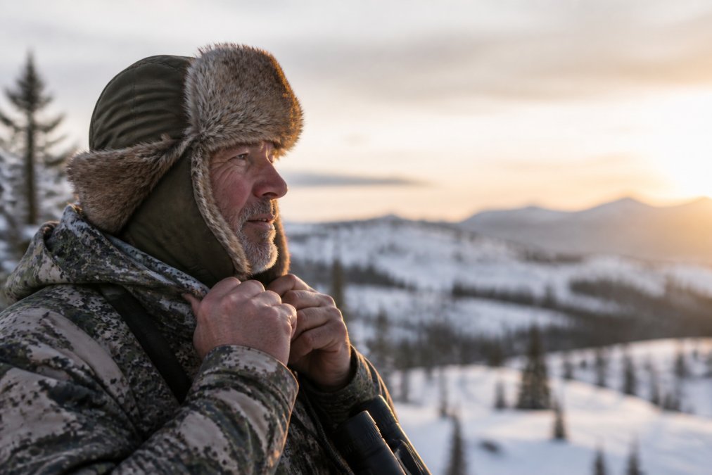 Hunter wearing a trapper hat with ear flaps in snowy wilderness, adjusting the chin strap while glassing for game in early morning light