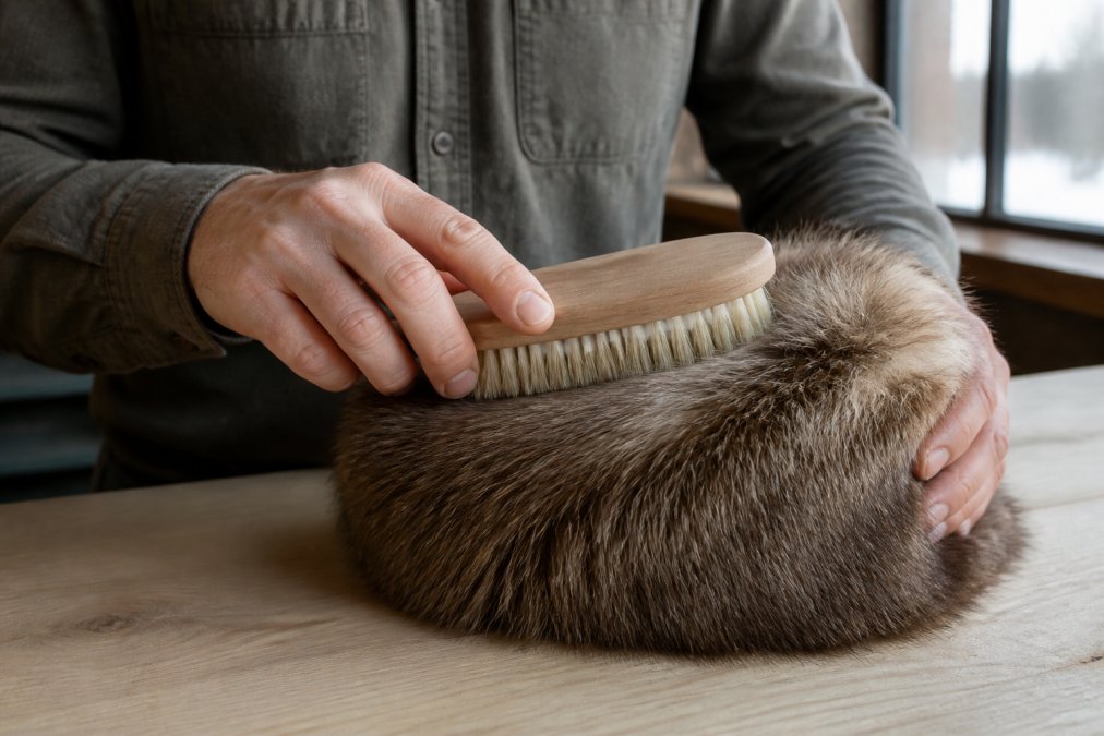 Hands gently brushing a fur hat with a soft natural bristle brush, showing proper maintenance technique on a clean work surface with natural window lighting