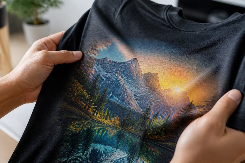 Close-up of hands examining a high-quality custom t-shirt print, showing crisp color detail and fabric texture without cracking or fading, natural indoor lighting